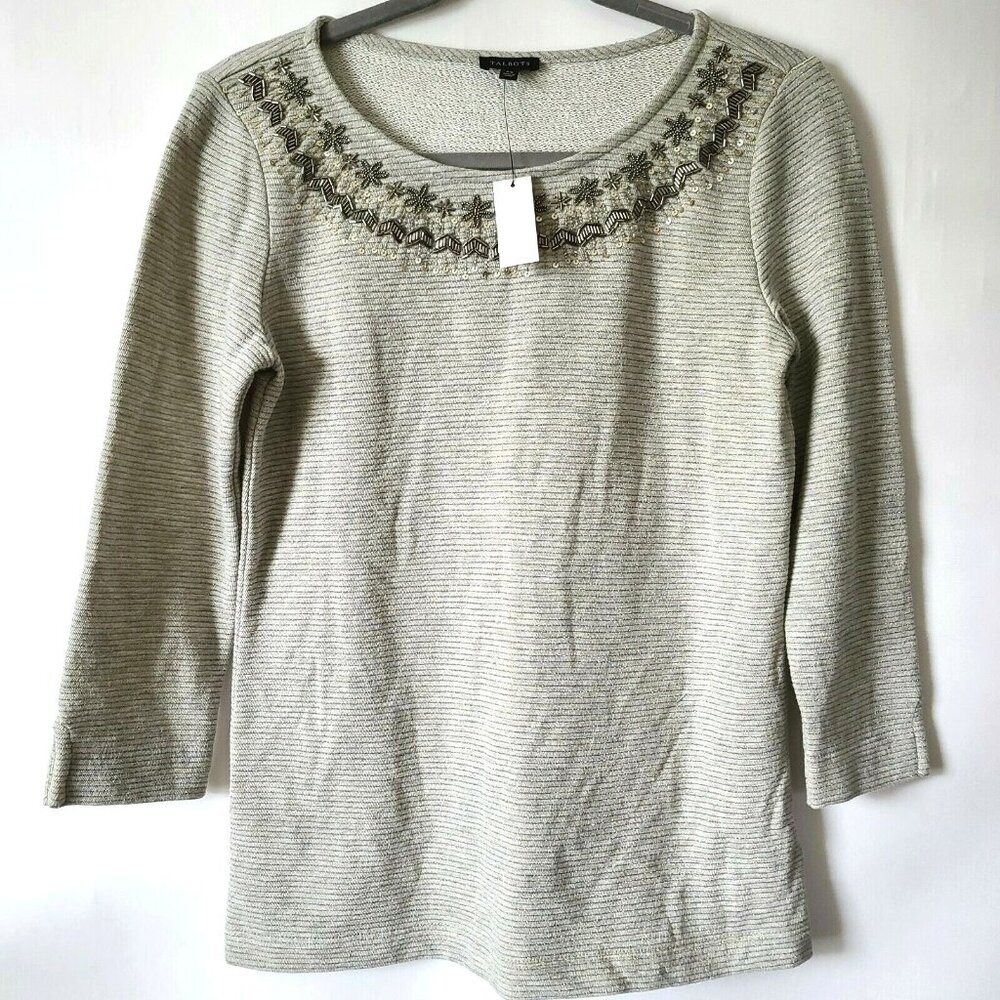 Talbots 3/4 Sleeve Top Blouse Sequin Neck XS Gray w Metallic Stripes Preppy NWT